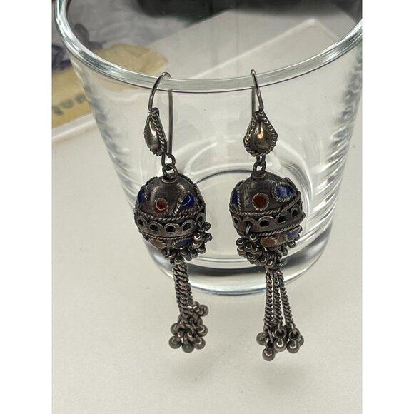 Fabulous Older Vintage Silver & Enamel Morrocan Berber Earrings - Picture 5 of 12
